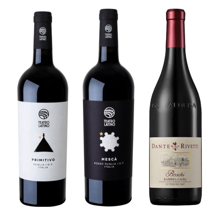 Typisch italienische Weinsorten Primitivo, Mesca, und Barbera dAlba